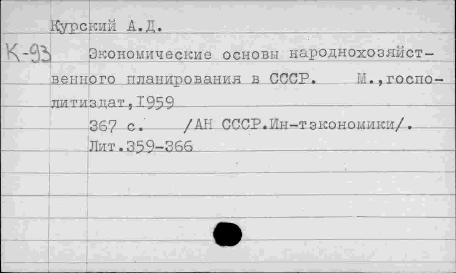 ﻿	Курс	кий А.Д.	
к-зъ		Экономические	основы народнохозяйст-
	венного планирования в СССР. ,М..госпо-		
	питияпят.Т959		
		367 с.	/АН	СССР.Ин-т экономики/.
		Лит.359-366	
			
			
			
			
			
			